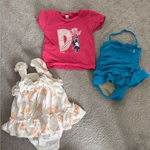 Summer time baby girl outfits!Pink Graphic Tee and Ralph Lauren Blue Swimsuit